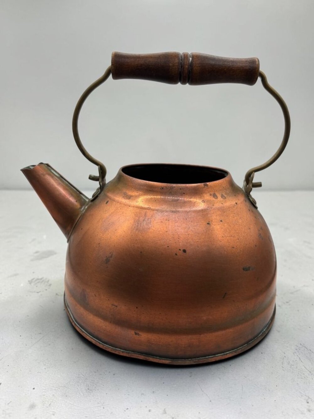 Vintage Copper Kettle With Wooden Handle Rustic Farmhouse Decor